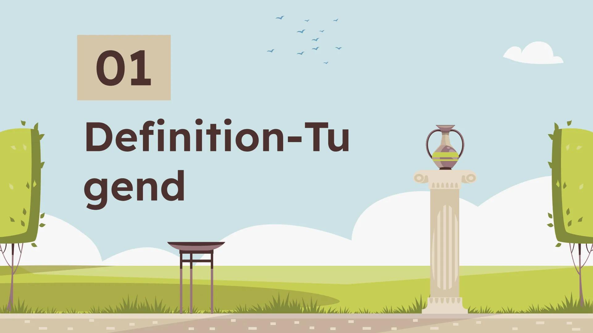 # Aristoteles:
Tugendethik Gliederung
01
Definition
Was bedeutet Tugend?
02
Aristoteles'
Tugendethik
Tugend als Mitte
04
Kritik
05
Quelle