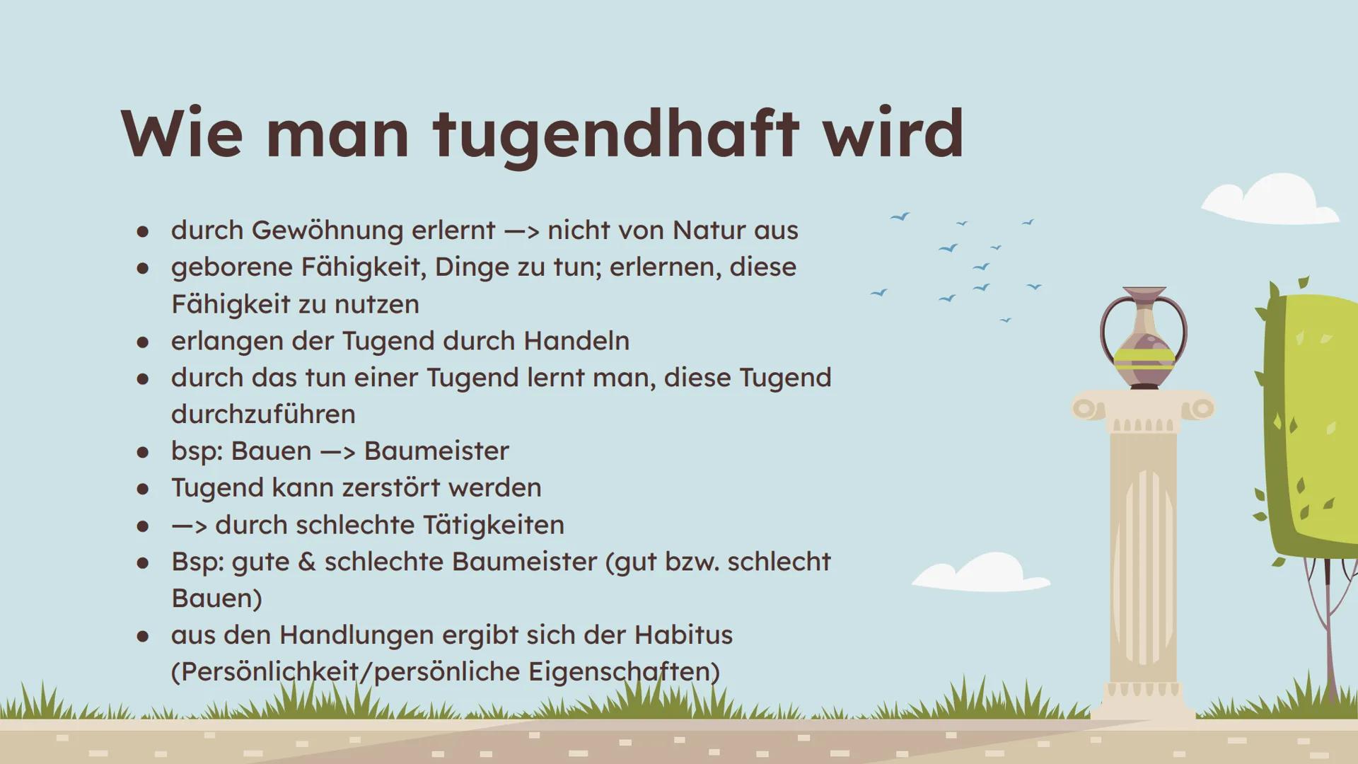 # Aristoteles:
Tugendethik Gliederung
01
Definition
Was bedeutet Tugend?
02
Aristoteles'
Tugendethik
Tugend als Mitte
04
Kritik
05
Quelle