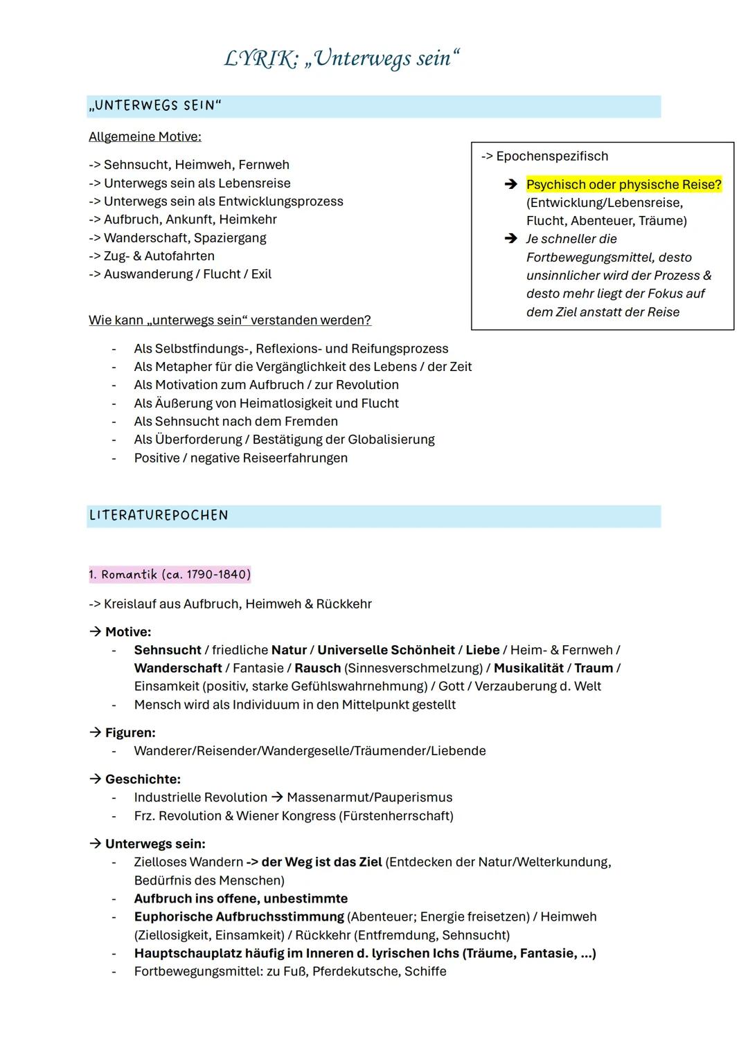 LYRIK: „Unterwegs sein“
ELEMENTE EINES GEDICHTS
Verse
Lyrisches Ich
-
Strophen
Metrum
-
Kadenz
Reimschema
Lyrisches Ich
Gedichtsform
Sprache