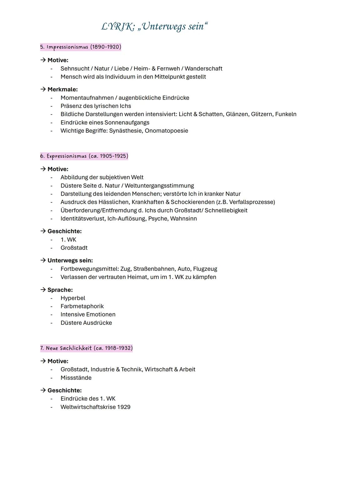 LYRIK: „Unterwegs sein“
ELEMENTE EINES GEDICHTS
Verse
Lyrisches Ich
-
Strophen
Metrum
-
Kadenz
Reimschema
Lyrisches Ich
Gedichtsform
Sprache