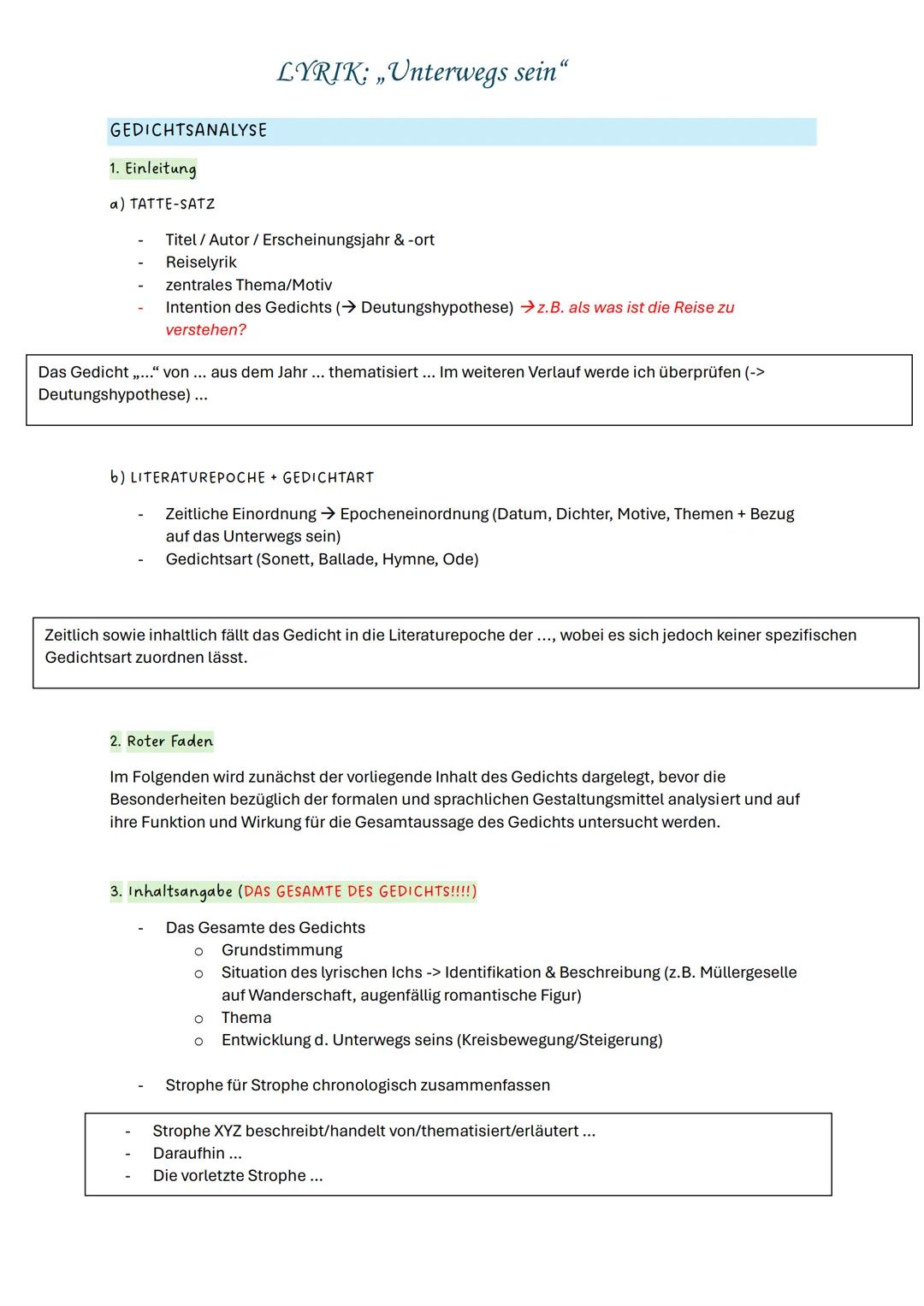 LYRIK: „Unterwegs sein“
ELEMENTE EINES GEDICHTS
Verse
Lyrisches Ich
-
Strophen
Metrum
-
Kadenz
Reimschema
Lyrisches Ich
Gedichtsform
Sprache