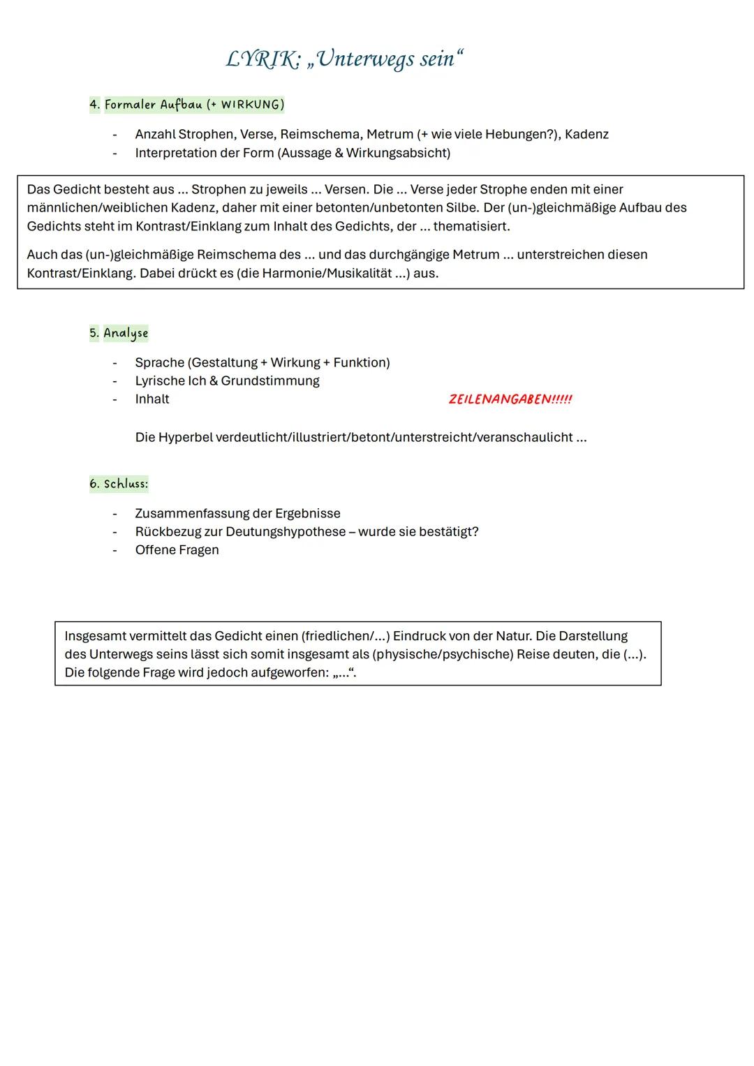 LYRIK: „Unterwegs sein“
ELEMENTE EINES GEDICHTS
Verse
Lyrisches Ich
-
Strophen
Metrum
-
Kadenz
Reimschema
Lyrisches Ich
Gedichtsform
Sprache
