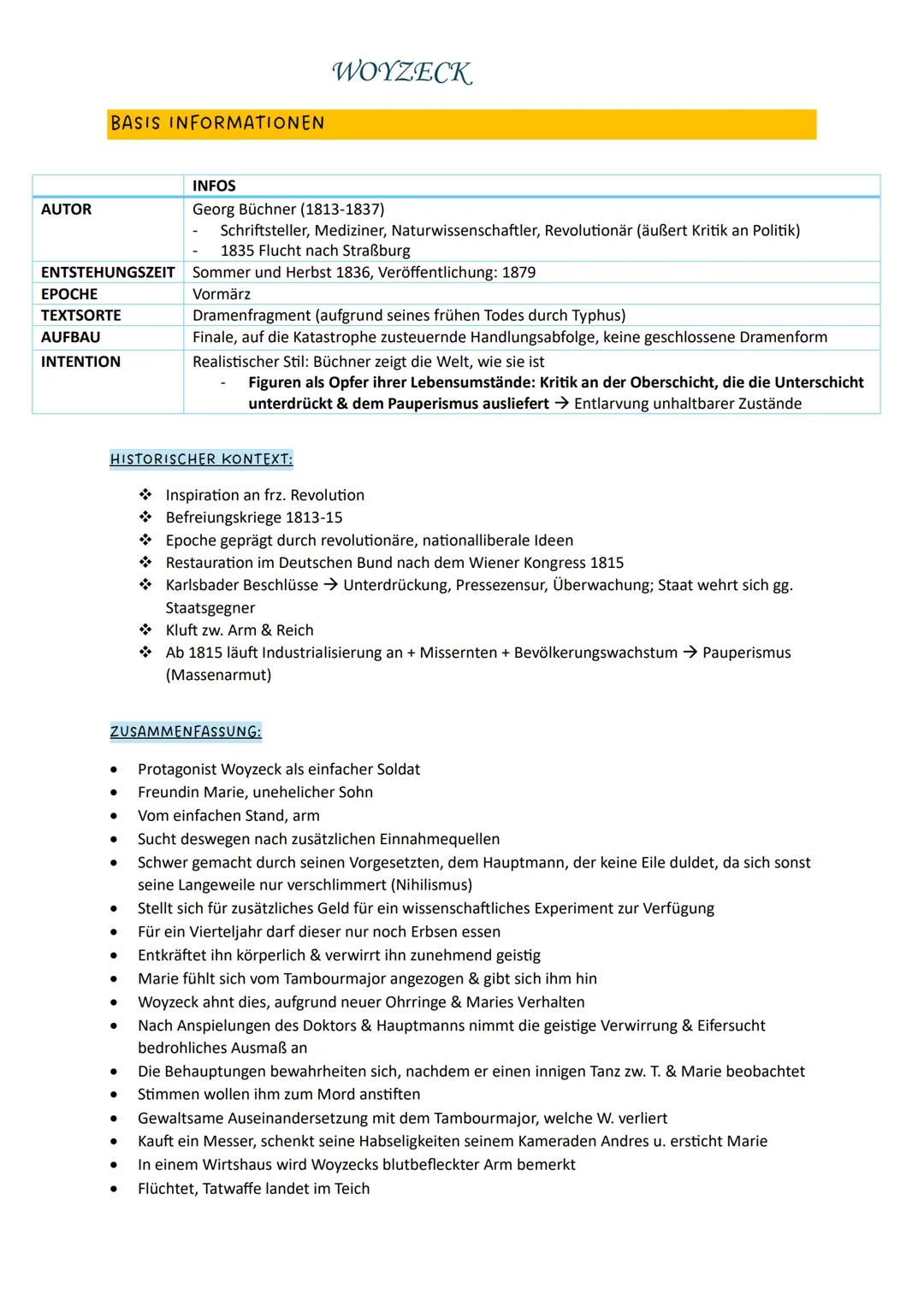 BASIS INFORMATIONEN
WOYZECK
AUTOR
ENTSTEHUNGSZEIT
EPOCHE
TEXTSORTE
AUFBAU
INTENTION
INFOS
Georg Büchner (1813-1837)
Schriftsteller, Medizine