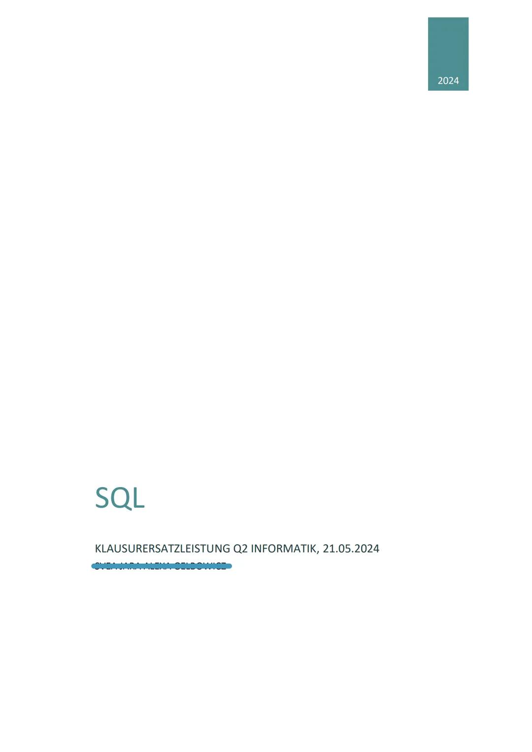2024
SQL
KLAUSURERSATZLEISTUNG Q2 INFORMATIK, 21.05.2024 Klausurersatzleistung Informatik Q2, 21.05.2024,
SQL - Sprache:
SQL steht für „