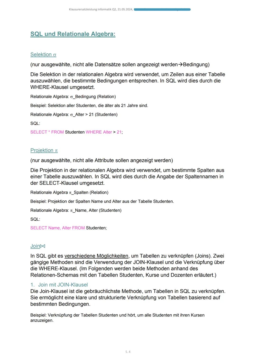 2024
SQL
KLAUSURERSATZLEISTUNG Q2 INFORMATIK, 21.05.2024 Klausurersatzleistung Informatik Q2, 21.05.2024,
SQL - Sprache:
SQL steht für „