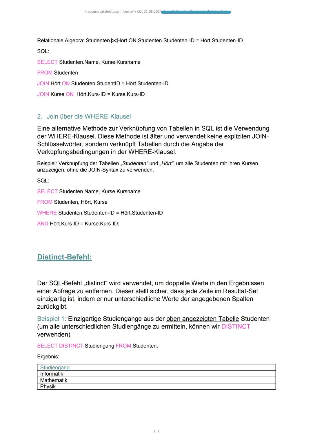 2024
SQL
KLAUSURERSATZLEISTUNG Q2 INFORMATIK, 21.05.2024 Klausurersatzleistung Informatik Q2, 21.05.2024,
SQL - Sprache:
SQL steht für „