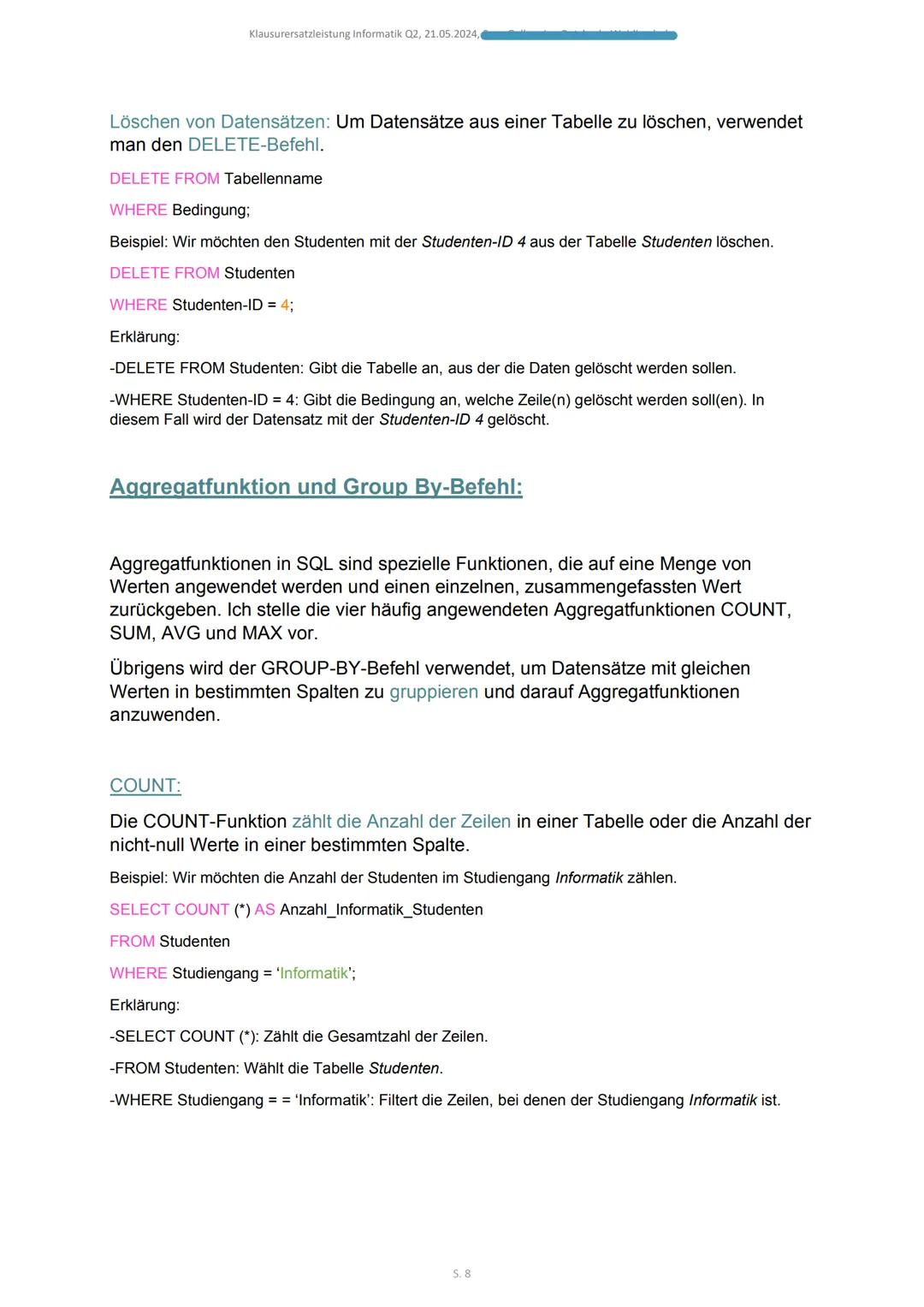 2024
SQL
KLAUSURERSATZLEISTUNG Q2 INFORMATIK, 21.05.2024 Klausurersatzleistung Informatik Q2, 21.05.2024,
SQL - Sprache:
SQL steht für „
