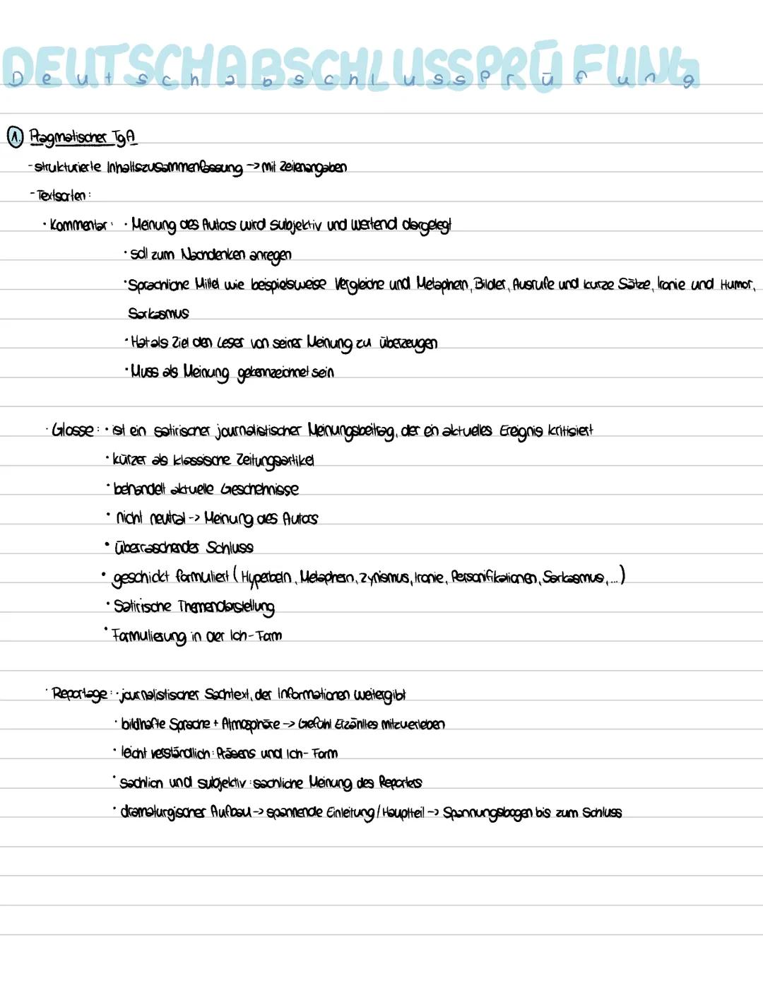 DEUTSCHABSCHLUSSPRÜFUNG
Pragmatischer TA
- strukturierte Inhaltszusammenfassung mit zeilenangaben
-Textsarten:
• Kommentar· ·Meinung des Aut