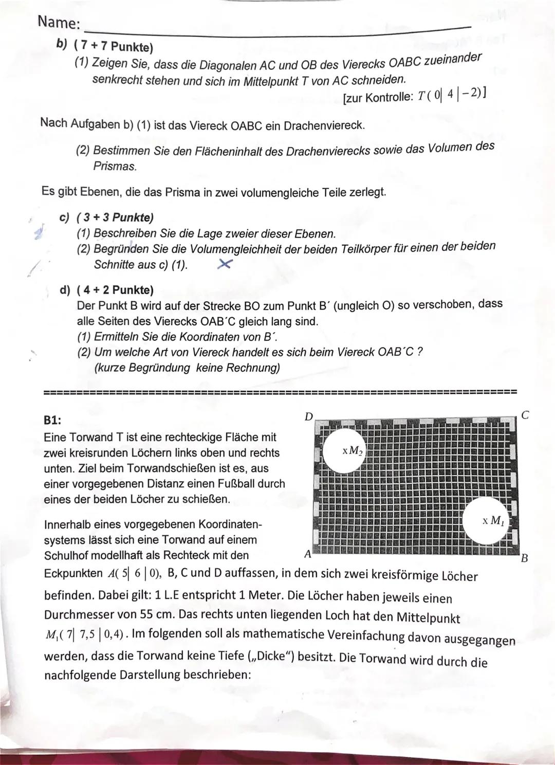 Teil A (Aufgaben ohne GTR, ohne Formelsammlung)
Zeit: max. 45 Min
A1: (4+4+3 Punkte)
Gegeben sind die drei Punkte A( 1| 0 | 1); B( 3| 1 | 1)