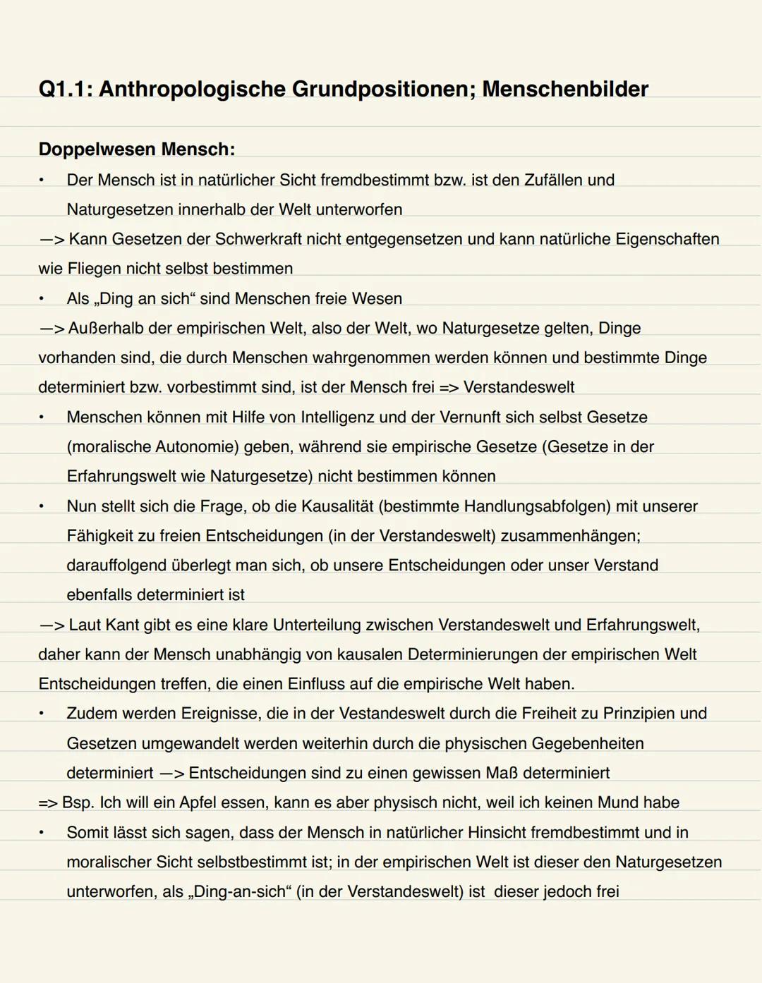 •
Q1.1: Anthropologische Grundpositionen; Menschenbilder
Doppelwesen Mensch:
Der Mensch ist in natürlicher Sicht fremdbestimmt bzw. ist den
