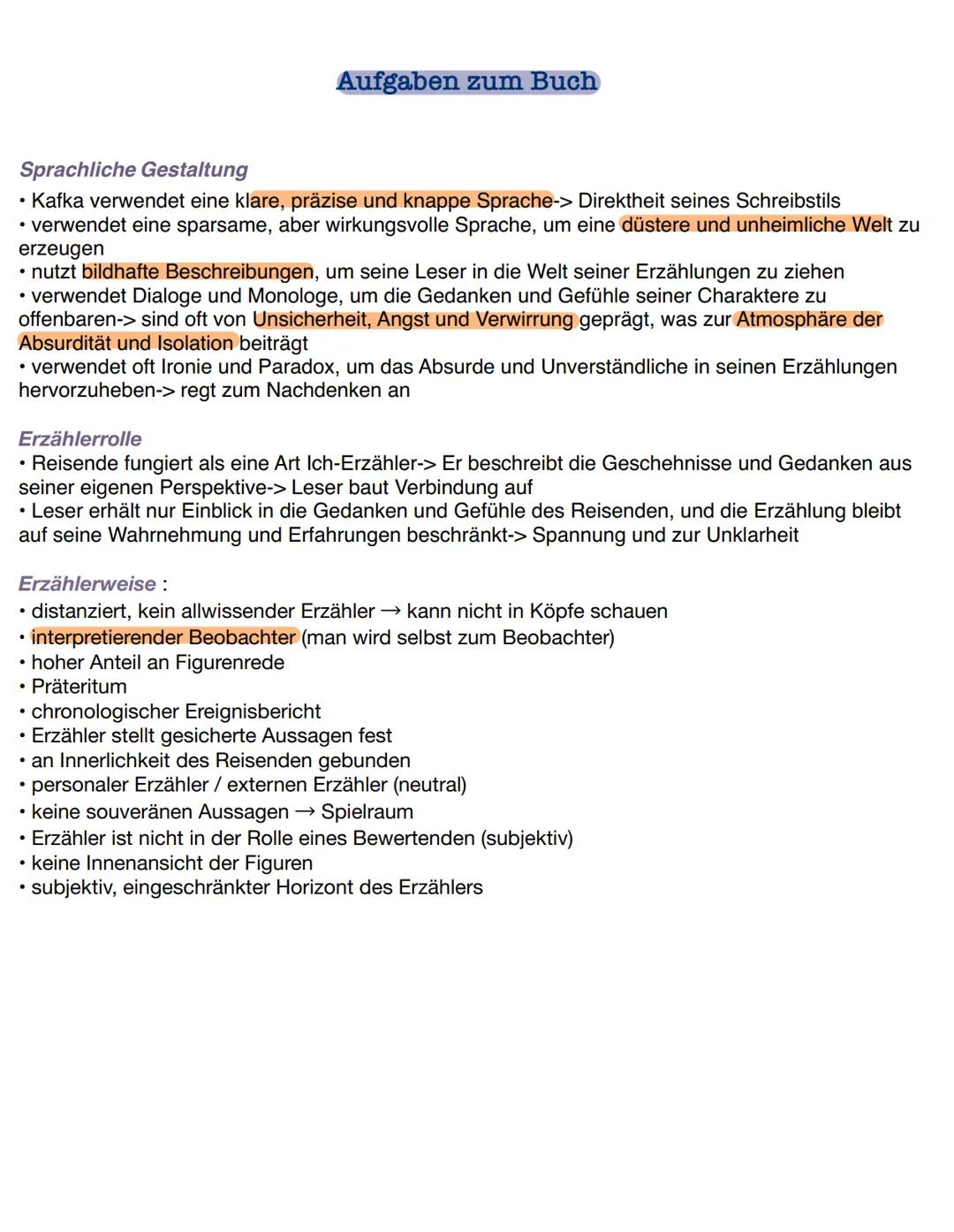 Aufgaben zum Buch
Sprachliche Gestaltung
• Kafka verwendet eine klare, präzise und knappe Sprache-> Direktheit seines Schreibstils
⚫ verwend