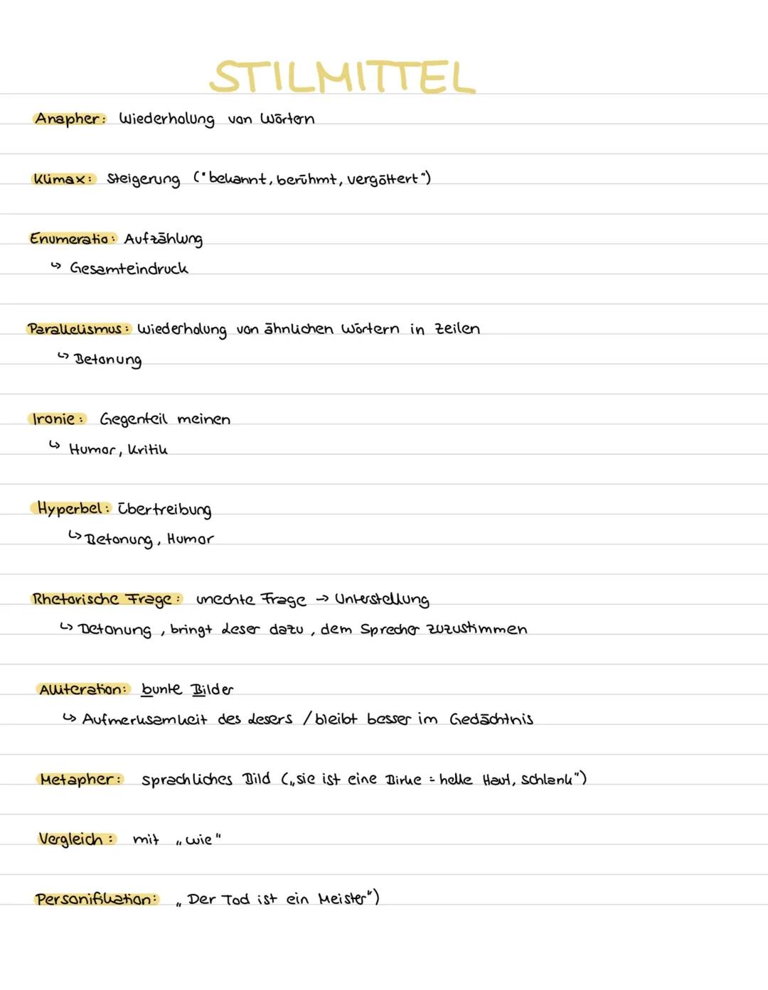 Deutsch Abi
2024 STILMITTEL
Anapher: Wiederholung von Wörtern.
Klimax Steigerung ("bekannt, berühmt, vergöttert")
Enumeratio: Aufzählung.
3