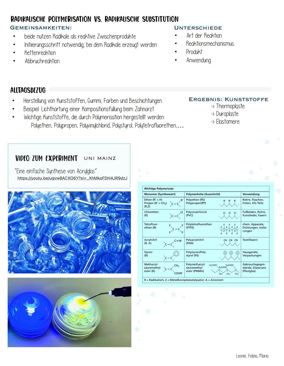 # RADIKALISCHE POLYMERISATION
Wie können polymere im Alltag durch radikalische Polymerisation gewonnen werden?
- EINFÜHRUNG
- Monomere we