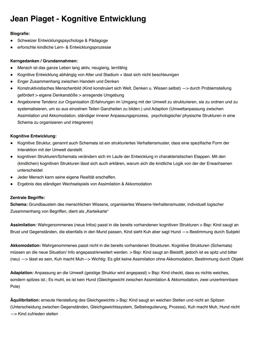 Piaget Jean Piaget - Kognitive Entwicklung
1. Grundannahmen/Kerngedanken:
•
Piaget vertritt die Konstruktivistische Sicht, dass Kinder aktiv