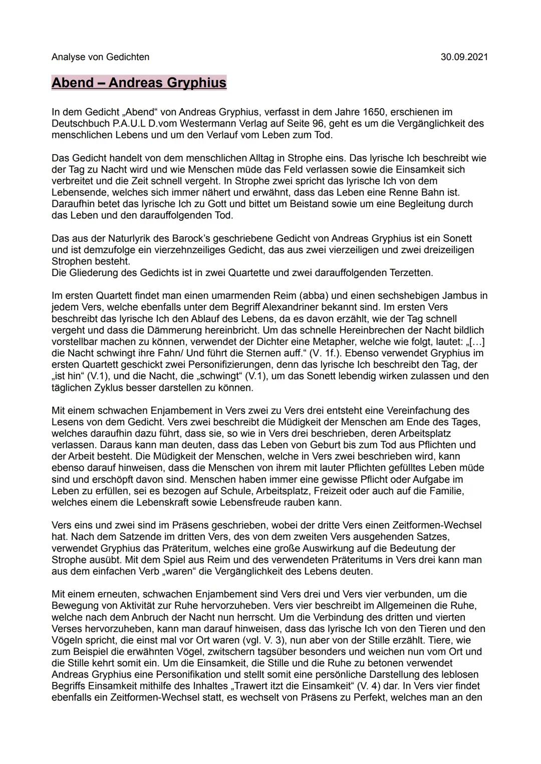 Analyse von Gedichten
Abend - Andreas Gryphius
30.09.2021
In dem Gedicht „Abend" von Andreas Gryphius, verfasst in dem Jahre 1650, erschiene