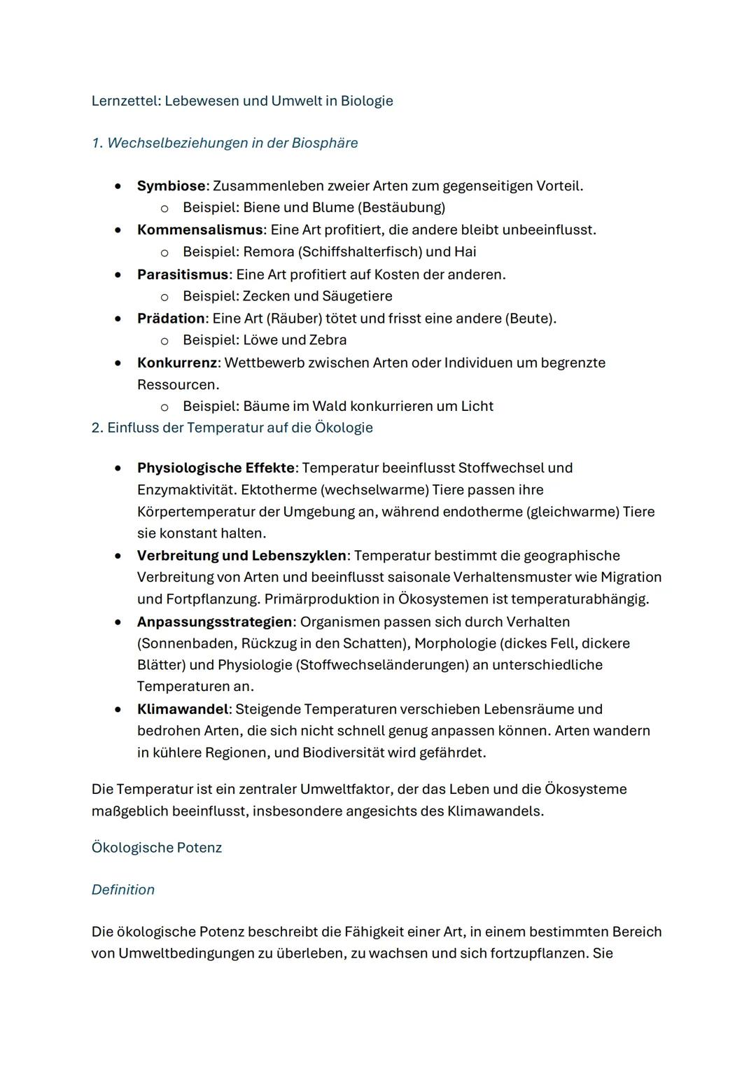 Lernzettel: Lebewesen und Umwelt in Biologie
1. Wechselbeziehungen in der Biosphäre
• Symbiose: Zusammenleben zweier Arten zum gegenseitigen