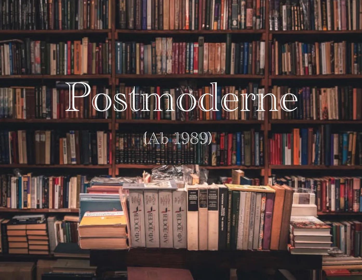 # Postmoderne
(Ab 1989) Gliederung
Definition
S.1
Historischer Hintergrund
5.2
Welt- und Menschenbild
S.3
Themen und Motive
5.4
Sprache
5.