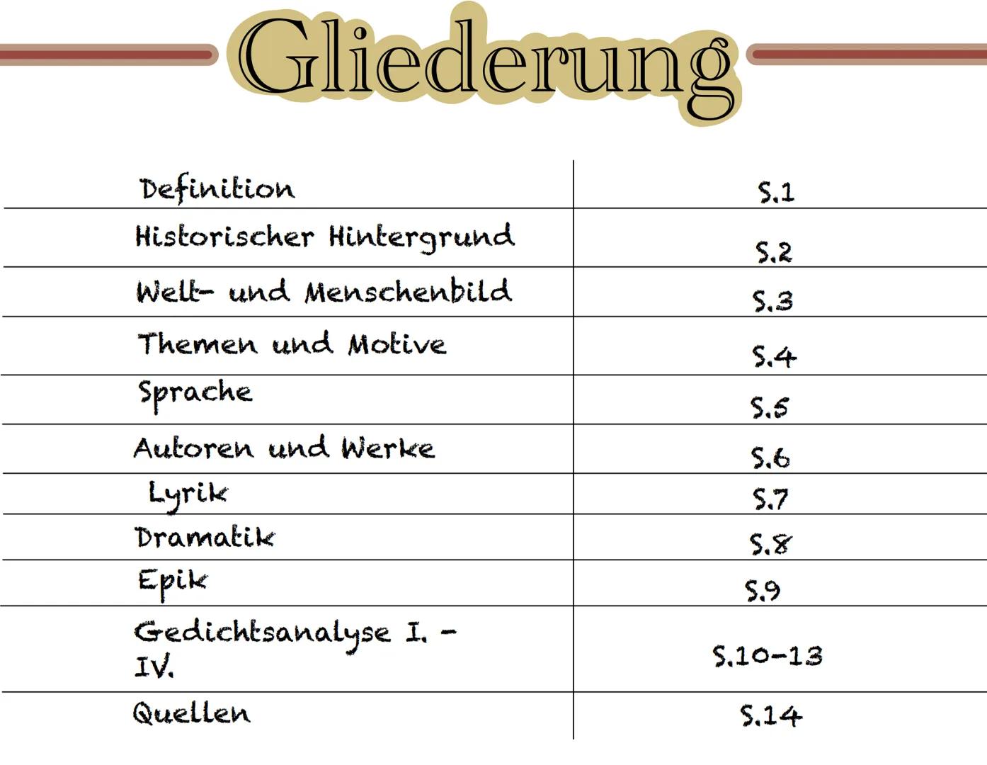 # Postmoderne
(Ab 1989) Gliederung
Definition
S.1
Historischer Hintergrund
5.2
Welt- und Menschenbild
S.3
Themen und Motive
5.4
Sprache
5.