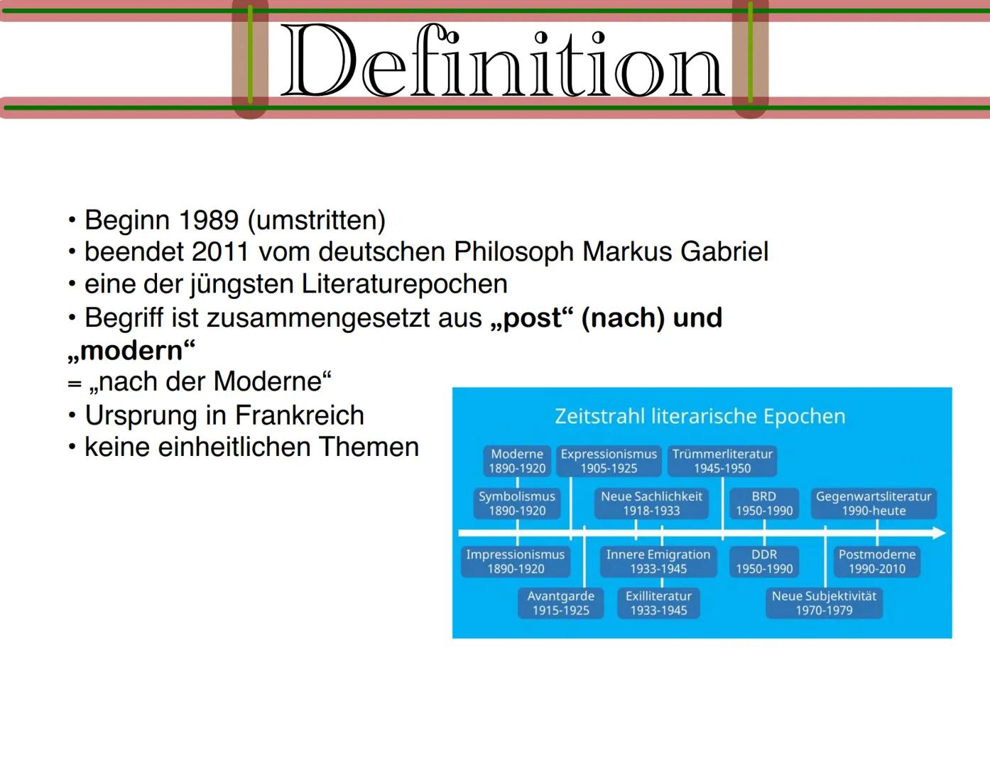 # Postmoderne
(Ab 1989) Gliederung
Definition
S.1
Historischer Hintergrund
5.2
Welt- und Menschenbild
S.3
Themen und Motive
5.4
Sprache
5.