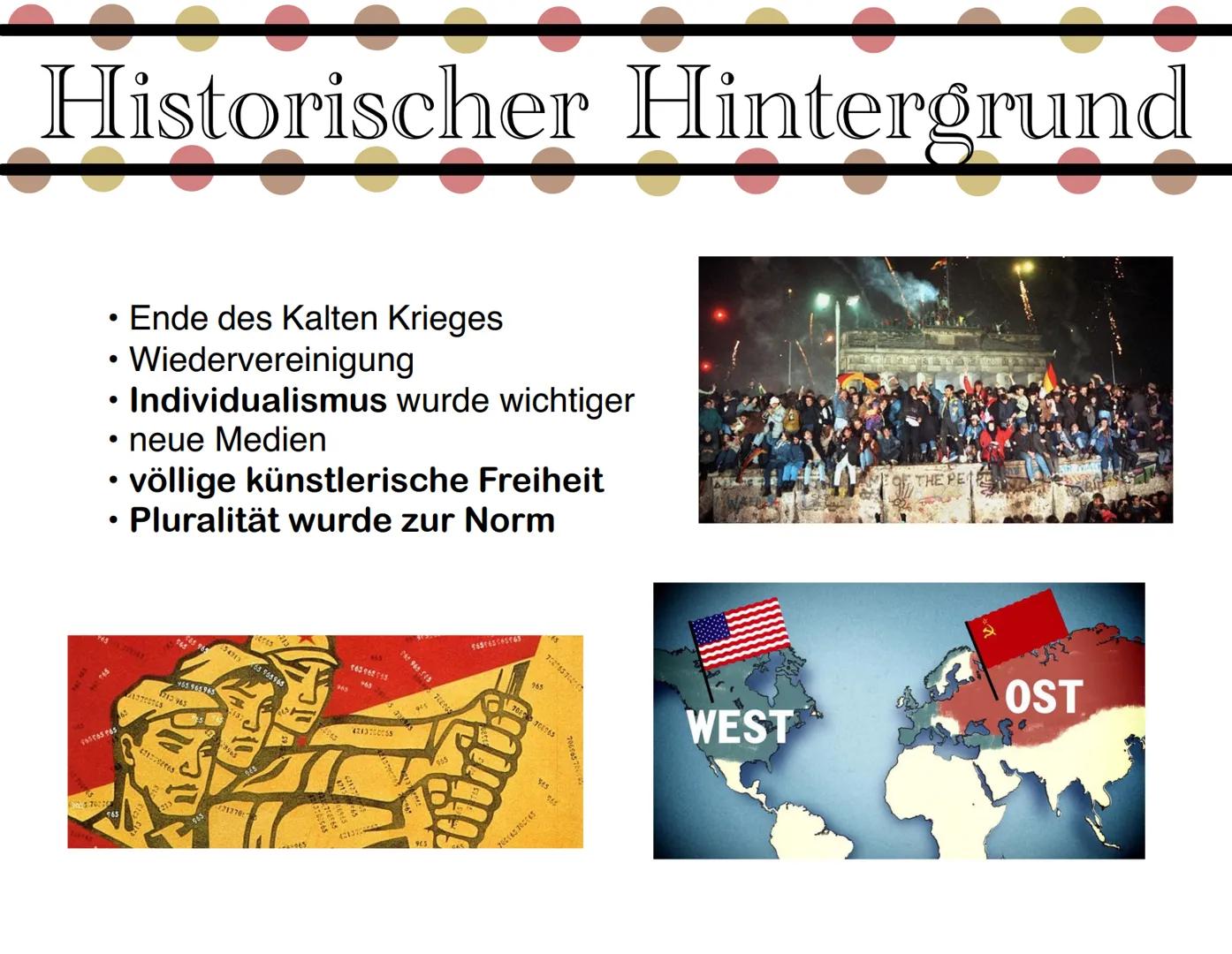 # Postmoderne
(Ab 1989) Gliederung
Definition
S.1
Historischer Hintergrund
5.2
Welt- und Menschenbild
S.3
Themen und Motive
5.4
Sprache
5.