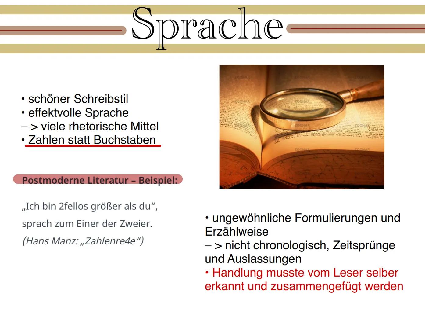 # Postmoderne
(Ab 1989) Gliederung
Definition
S.1
Historischer Hintergrund
5.2
Welt- und Menschenbild
S.3
Themen und Motive
5.4
Sprache
5.