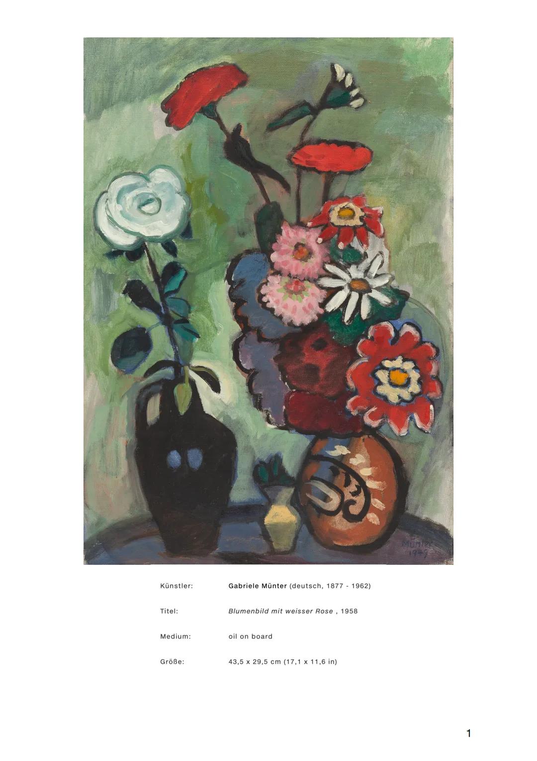 Künstler:
Gabriele Münter (deutsch, 18771962)
Titel:
Blumenbild mit weisser Rose, 1958
Medium:
oil on board
Größe:
43,5 x 29,5 cm (17,1 x