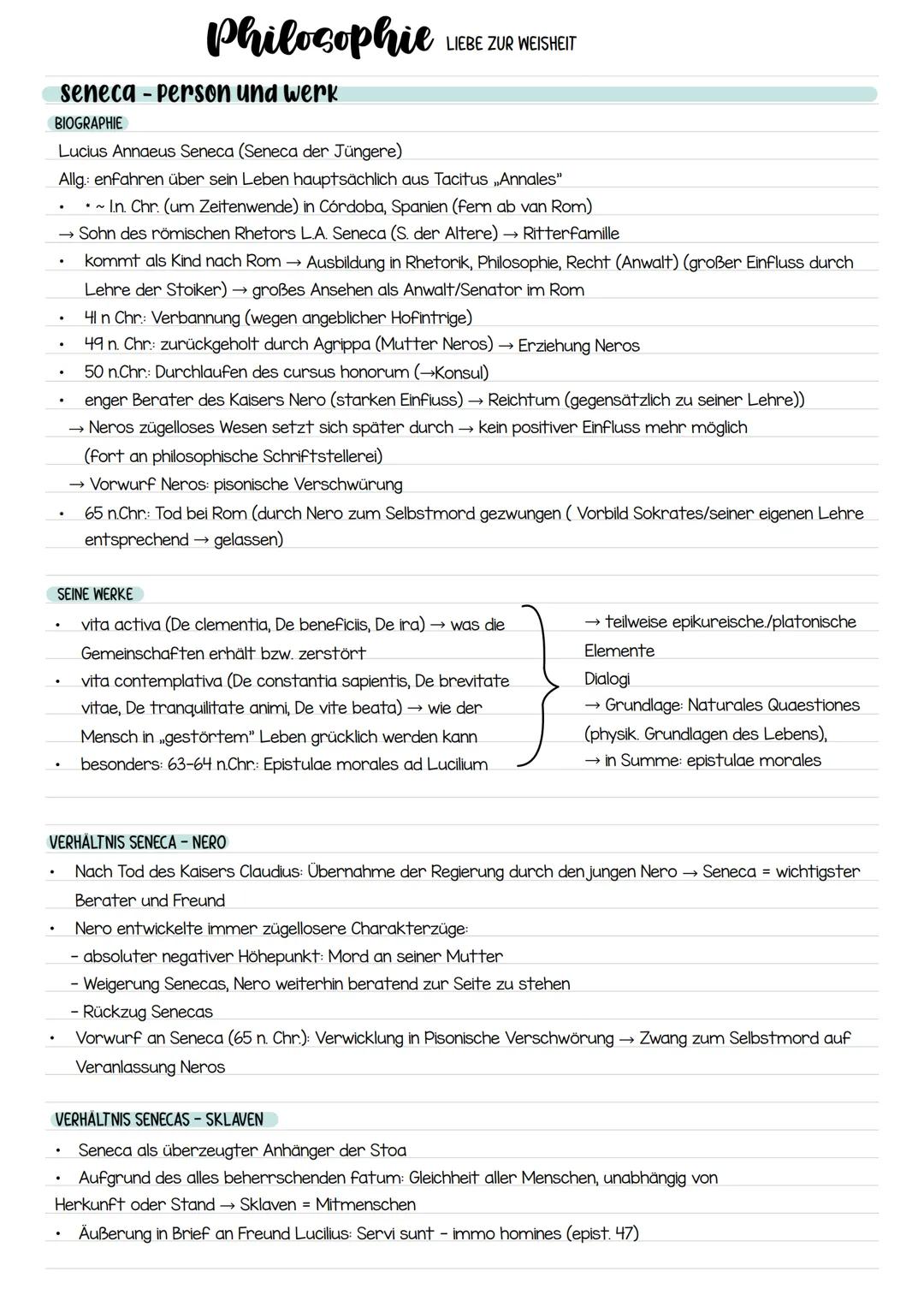 Philosophie
LIEBE ZUR WEISHEIT
seneca-person und werk
BIOGRAPHIE
Lucius Annaeus Seneca (Seneca der Jüngere)
Allg.: enfahren über sein Leben