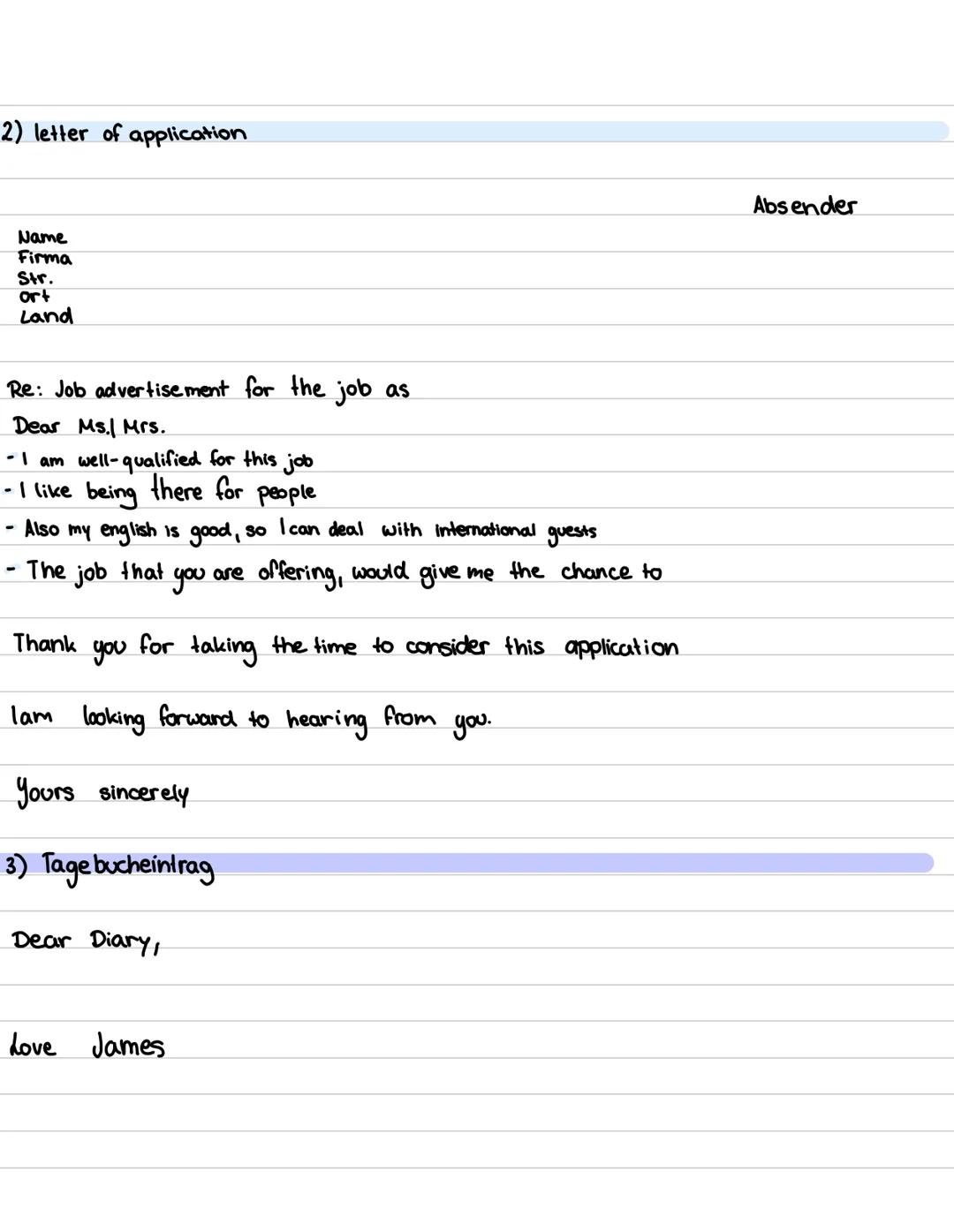 Guided Writing
Möglichkeiten:
formeller Brief / E-Mail
1) letter of complaint
2) letter of application
persönlicher Text
3) Tagebucheintrag