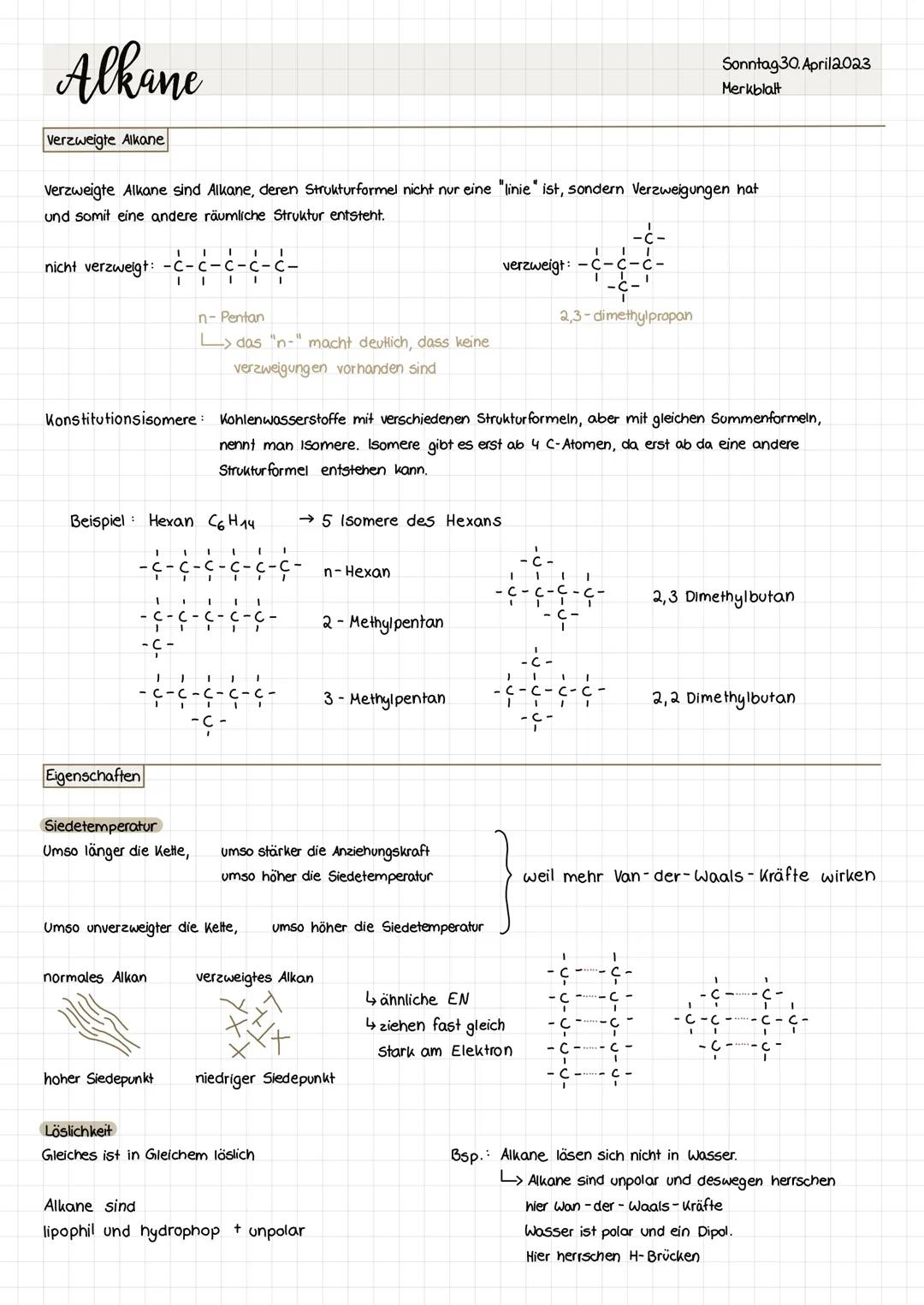 Alkane
Sonntag 30. April2023
Merkblatt
Alkane sind Verbindungen, die aus den Elementen Kohlenstoff (C) und Wasserstoff (H) bestehen.
Ein C k