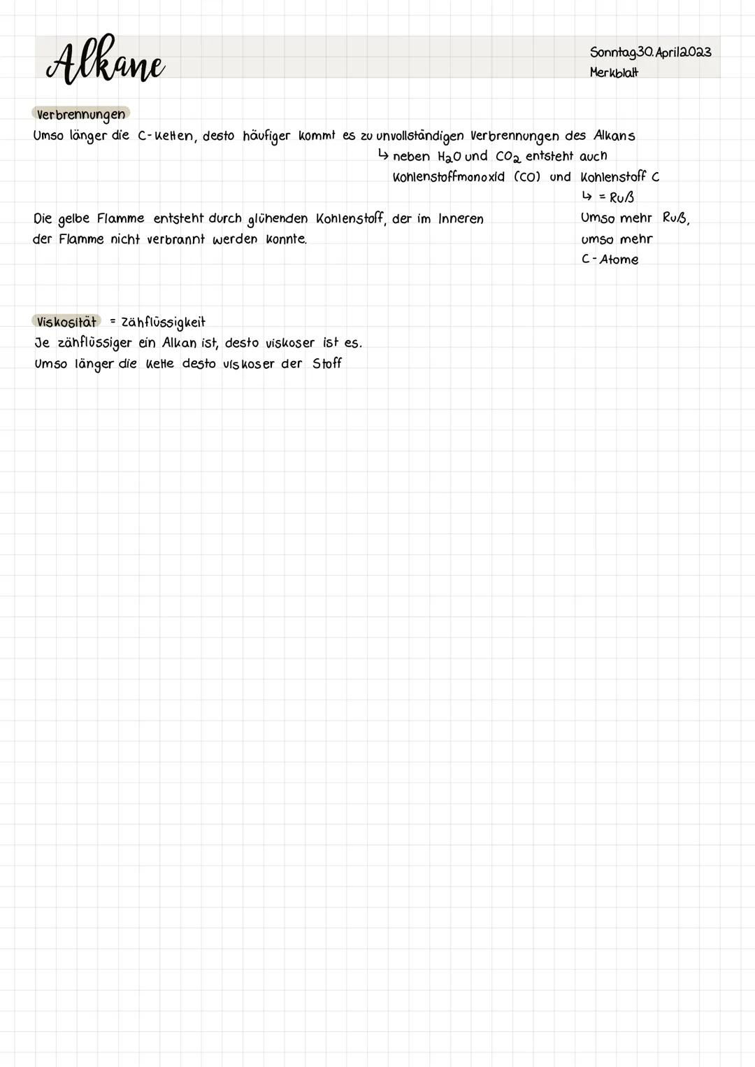 Alkane
Sonntag 30. April2023
Merkblatt
Alkane sind Verbindungen, die aus den Elementen Kohlenstoff (C) und Wasserstoff (H) bestehen.
Ein C k