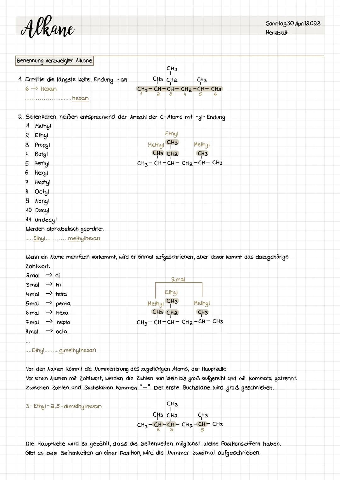 Alkane
Sonntag 30. April2023
Merkblatt
Alkane sind Verbindungen, die aus den Elementen Kohlenstoff (C) und Wasserstoff (H) bestehen.
Ein C k
