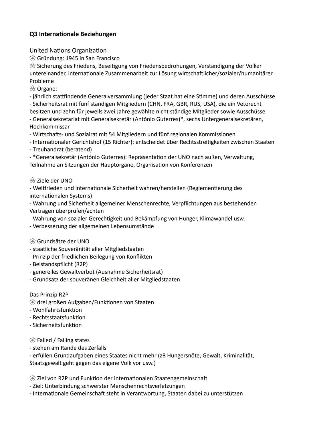 Q3 Internationale Beziehungen
United Nations Organization
Gründung: 1945 in San Francisco
Sicherung des Friedens, Beseitigung von Friedensbe
