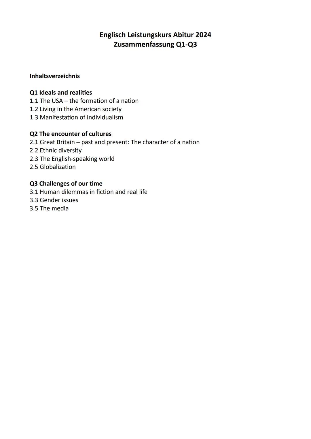 Englisch Leistungskurs Abitur 2024
Zusammenfassung Q1-Q3
Inhaltsverzeichnis
Q1 Ideals and realities
1.1 The USA - the formation of a nation