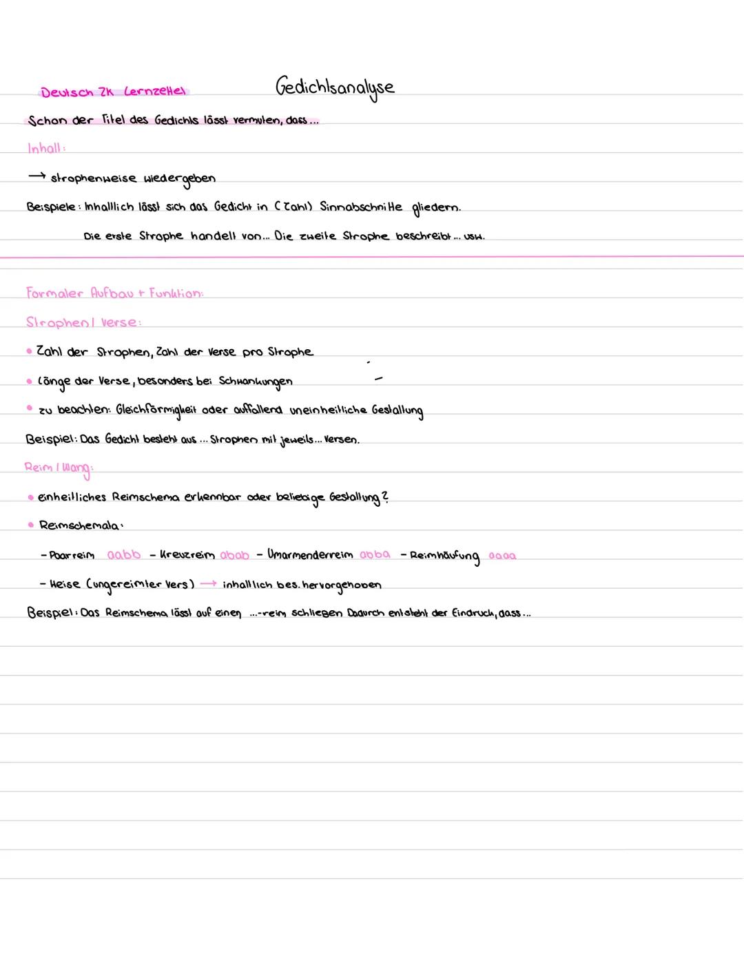 Deutsch Zk LernzeHel
Gedichtsanalyse
Klasur Aufbau: Gedicht interpretieren
Gedicht interpretieren in einzelnen Schritten:
Einleitung:
Einlei
