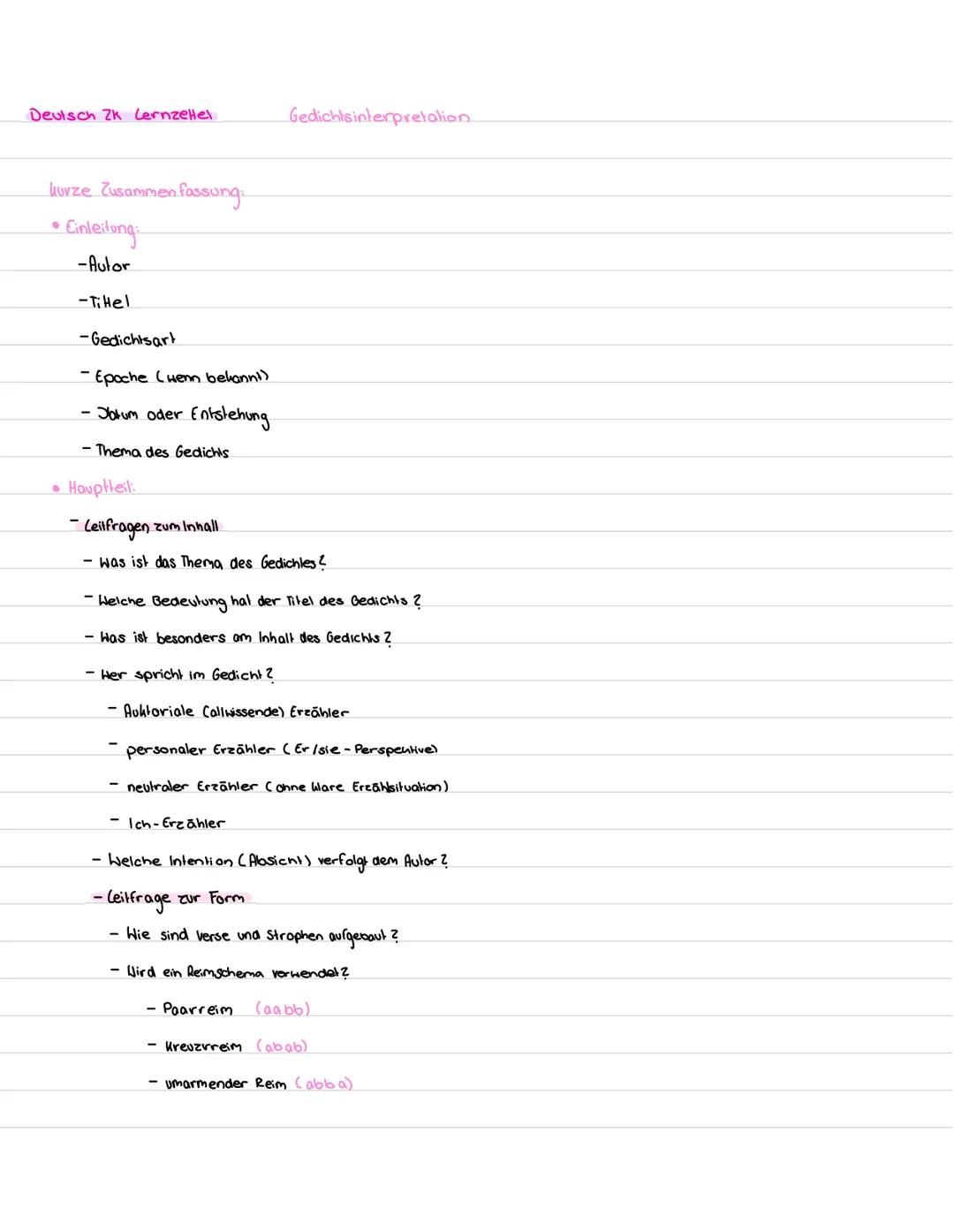 Deutsch Zk LernzeHel
Gedichtsanalyse
Klasur Aufbau: Gedicht interpretieren
Gedicht interpretieren in einzelnen Schritten:
Einleitung:
Einlei