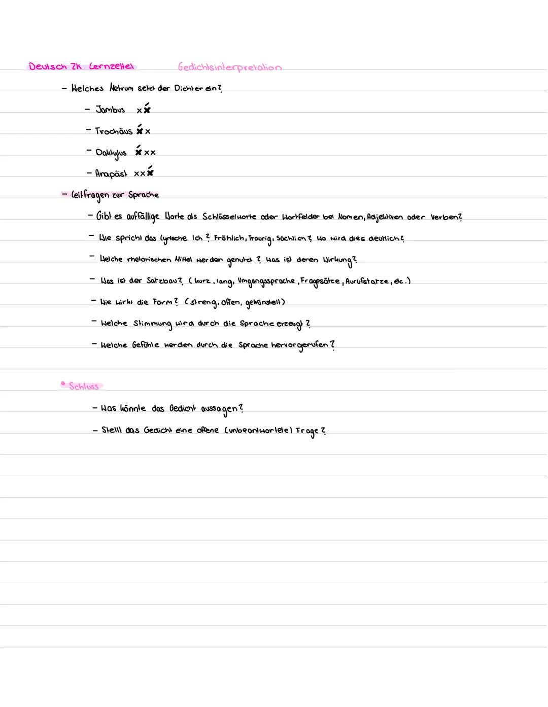 Deutsch Zk LernzeHel
Gedichtsanalyse
Klasur Aufbau: Gedicht interpretieren
Gedicht interpretieren in einzelnen Schritten:
Einleitung:
Einlei