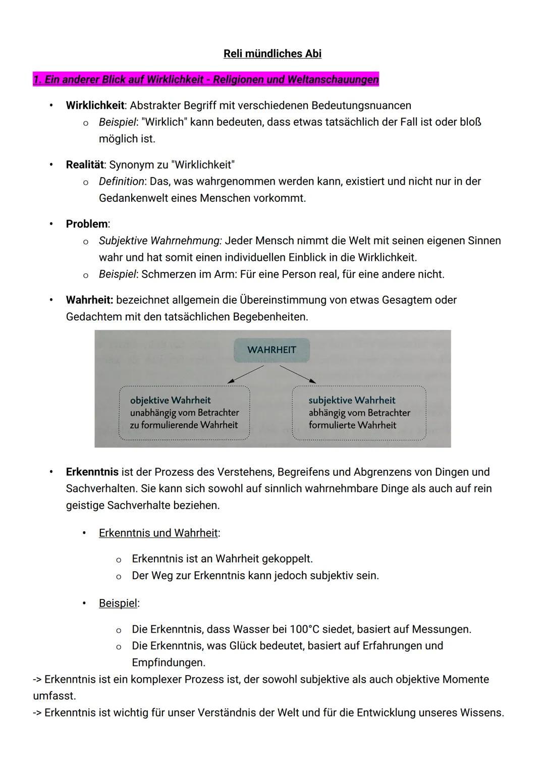 Reli mündliches Abi
1. Ein anderer Blick auf Wirklichkeit - Religionen und Weltanschauungen
•
•
Wirklichkeit: Abstrakter Begriff mit verschi
