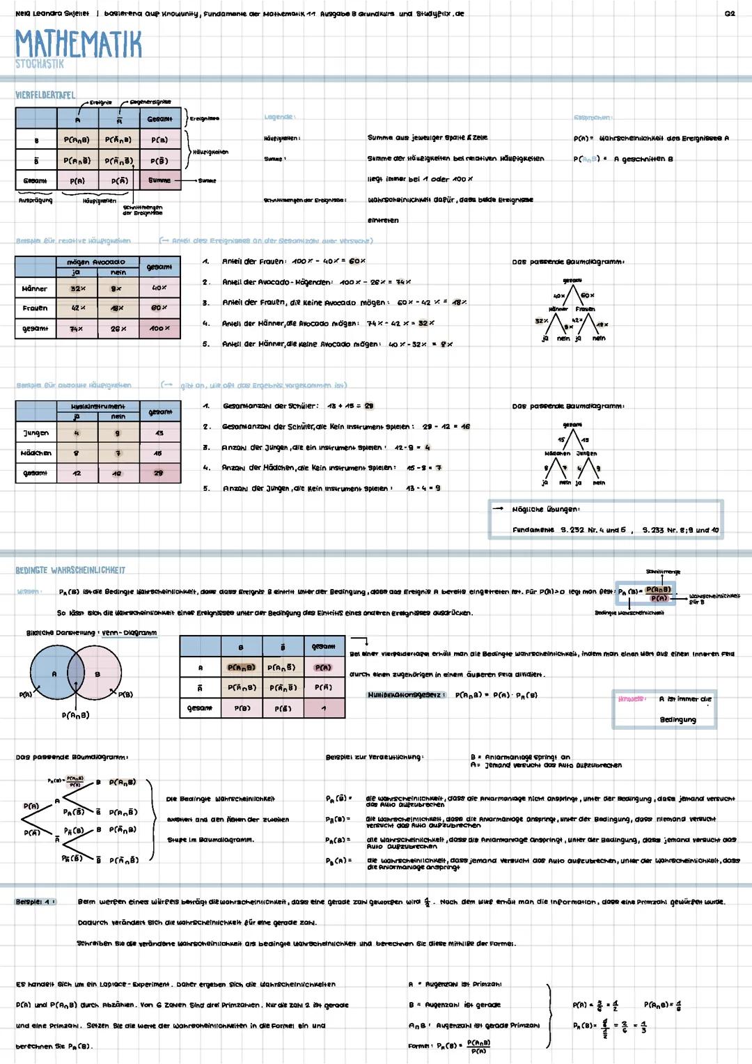 Stochastik: Vierfeldertafel, Bedingte Wahrscheinlichkeit und stochastische Unabhängigkeit