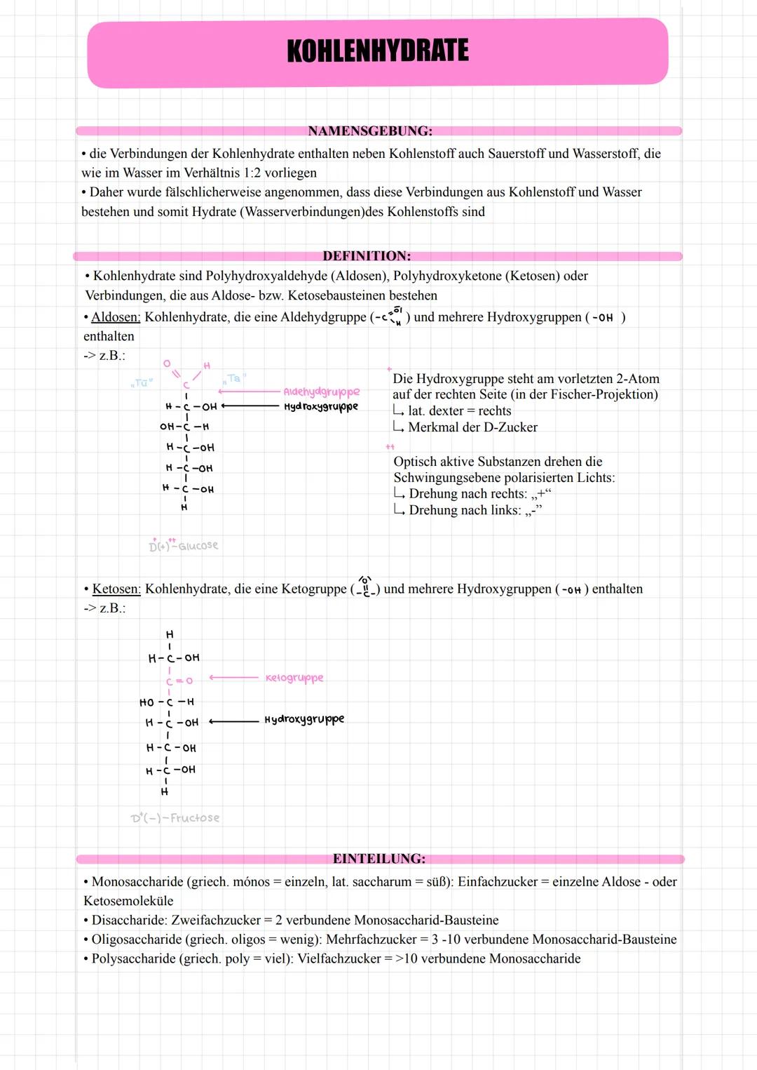 # KOHLENHYDRATE
NAMENSGEBUNG:
• die Verbindungen der Kohlenhydrate enthalten neben Kohlenstoff auch Sauerstoff und Wasserstoff, die
wie im
