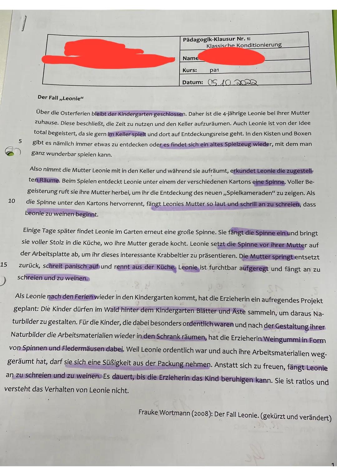 Klausur zur Klassischen Konditionierung, reziproke Hemmung