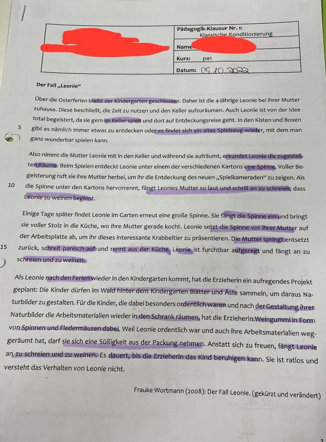Pädagogik-Klausur Nr. 1:
Klassische Konditionierung
Name
Kurs:
pa1
Datum: 0510
15
10
Der Fall,,Leonie"
Über die Osterferien bleibt der Kinde