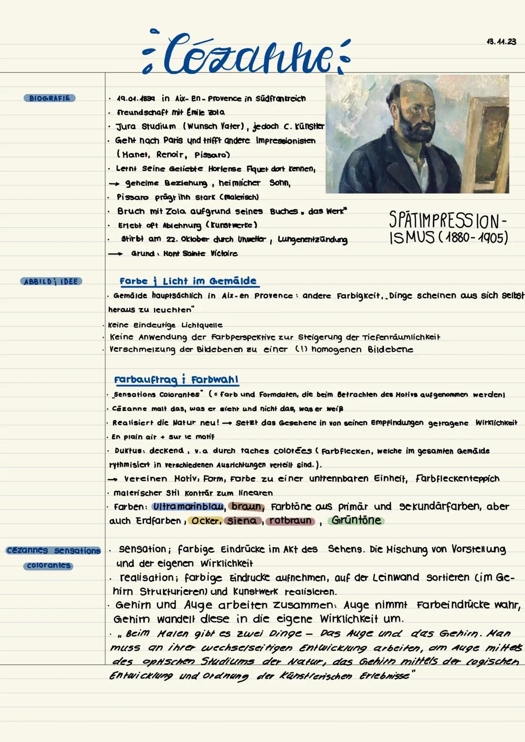 # Cézanne:
BIOGRAFIE
* 19.01.1894 in Aix-en-Provence in südfrantreich
* Freundschaft mit Émile Zola
* Jura Studium (Wunsch Vater), j