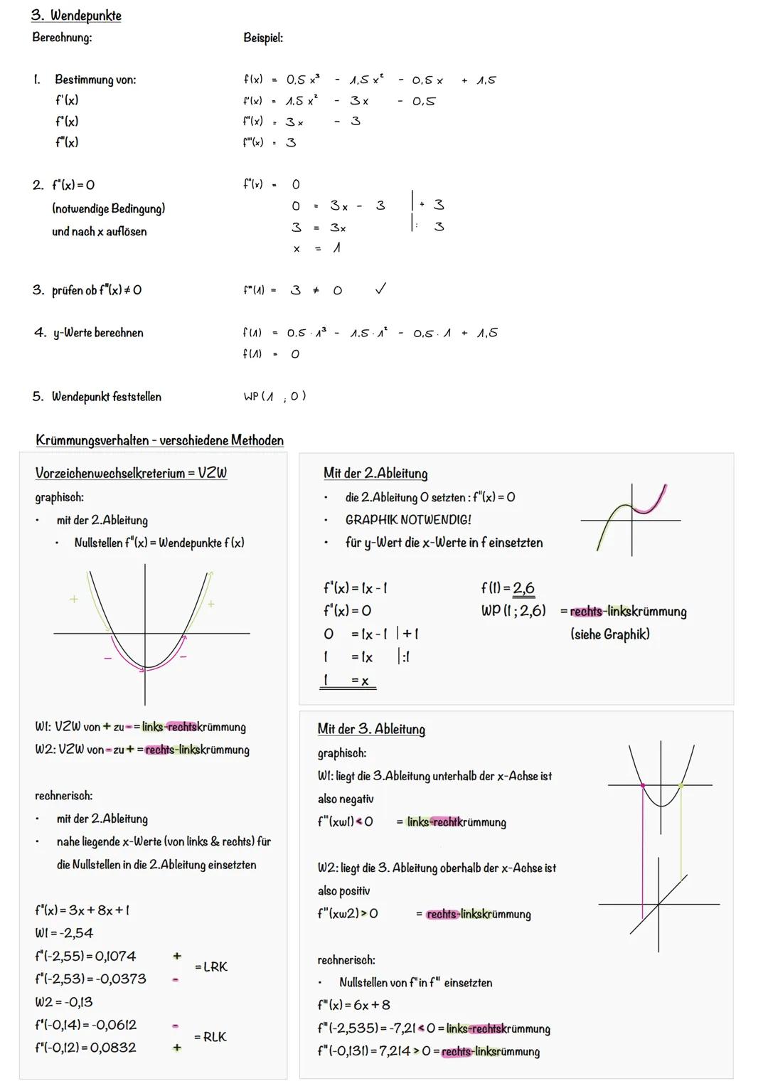 1. Extremstellen Berechnen
Verfahren
1.
die erste Ableitung bilden
Lernzettel Klausur
Beispiel Aufgabe:
2. Nullstellen berechnen
pq - Formel