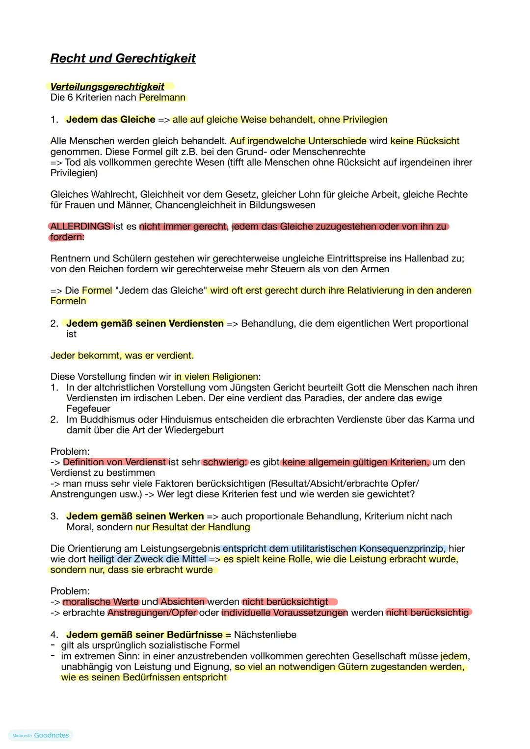 # Recht und Gerechtigkeit
Verteilungsgerechtigkeit
Die 6 Kriterien nach Perelmann
1. Jedem das Gleiche => alle auf gleiche Weise behandelt