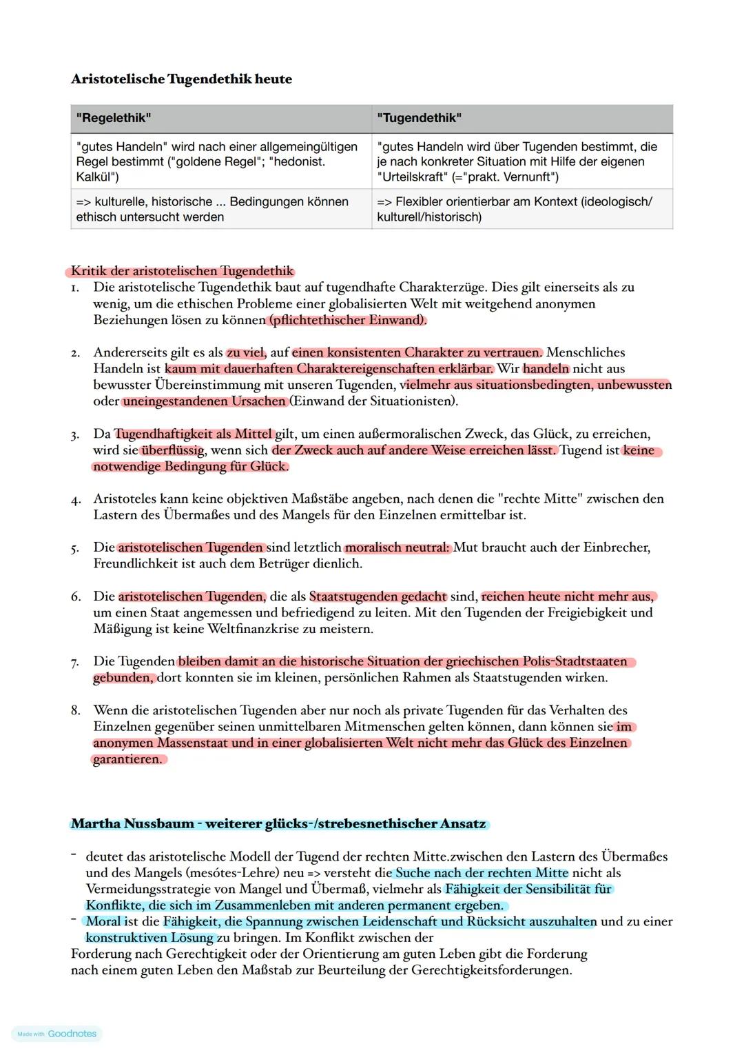 # 1. Moralphilosophie
## 3.1 Tugendethik
Für Aristoteles ist ein gutes Leben ein tugendhaftes Leben
Tugend = Haltung/Einstellung, die in