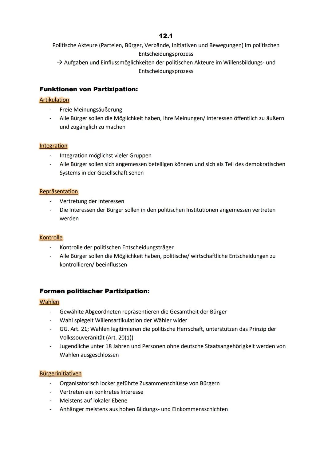12.1
Politische Akteure (Parteien, Bürger, Verbände, Initiativen und Bewegungen) im politischen
Entscheidungsprozess
→ Aufgaben und Einfluss