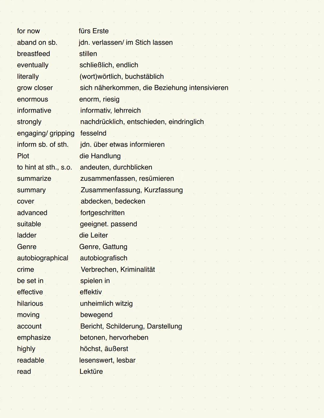 for now fürs Erste
aband on sb. jdn. verlassen/ im Stich lassen
breastfeed stillen
eventually schließlich, endlich
literally (wort)wörtlich,