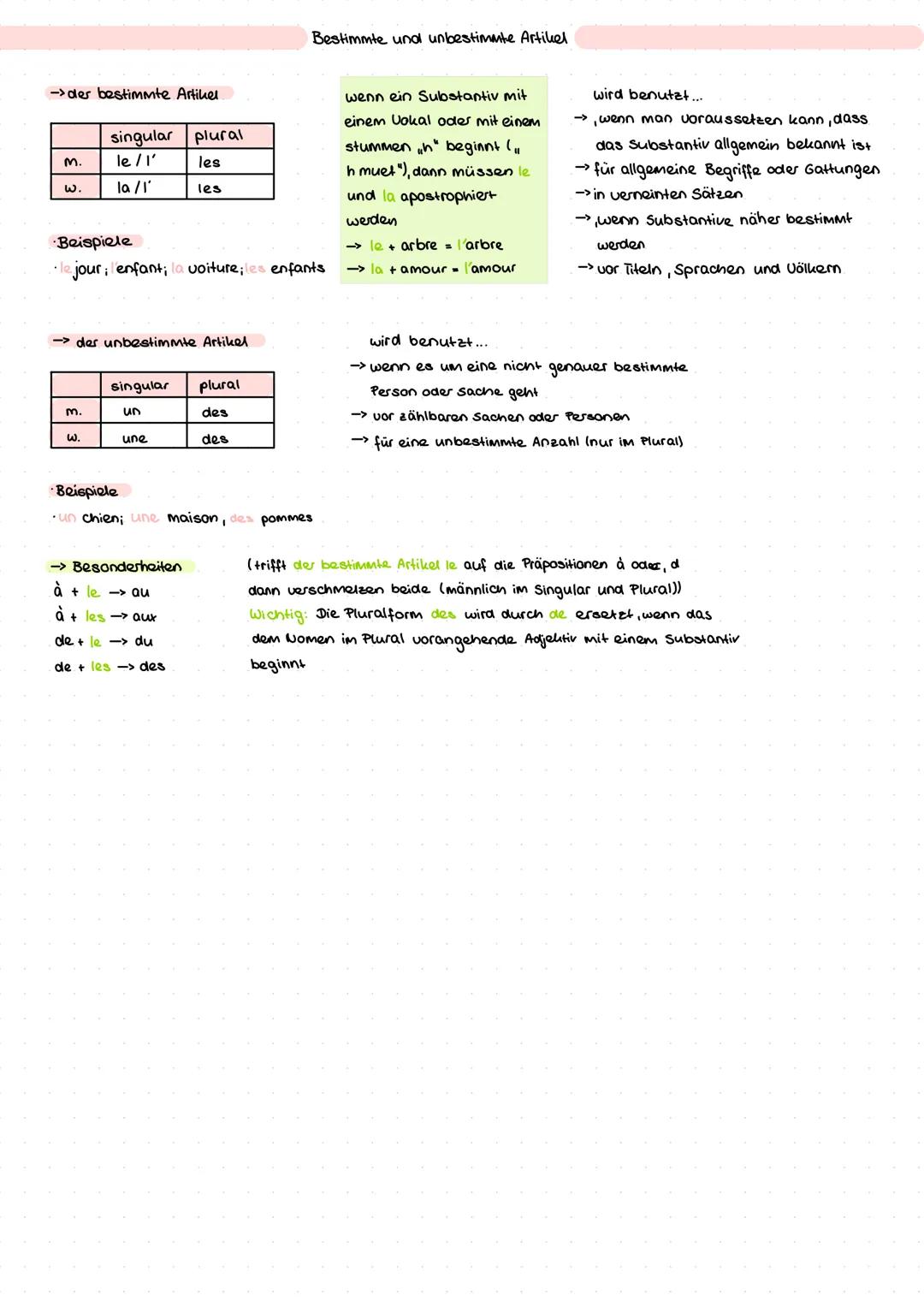 ->der bestimmte Artikel
| | singular | plural |
| :------ | :------- | :----- |
| m. | le/l' | les |
| w. | la/1