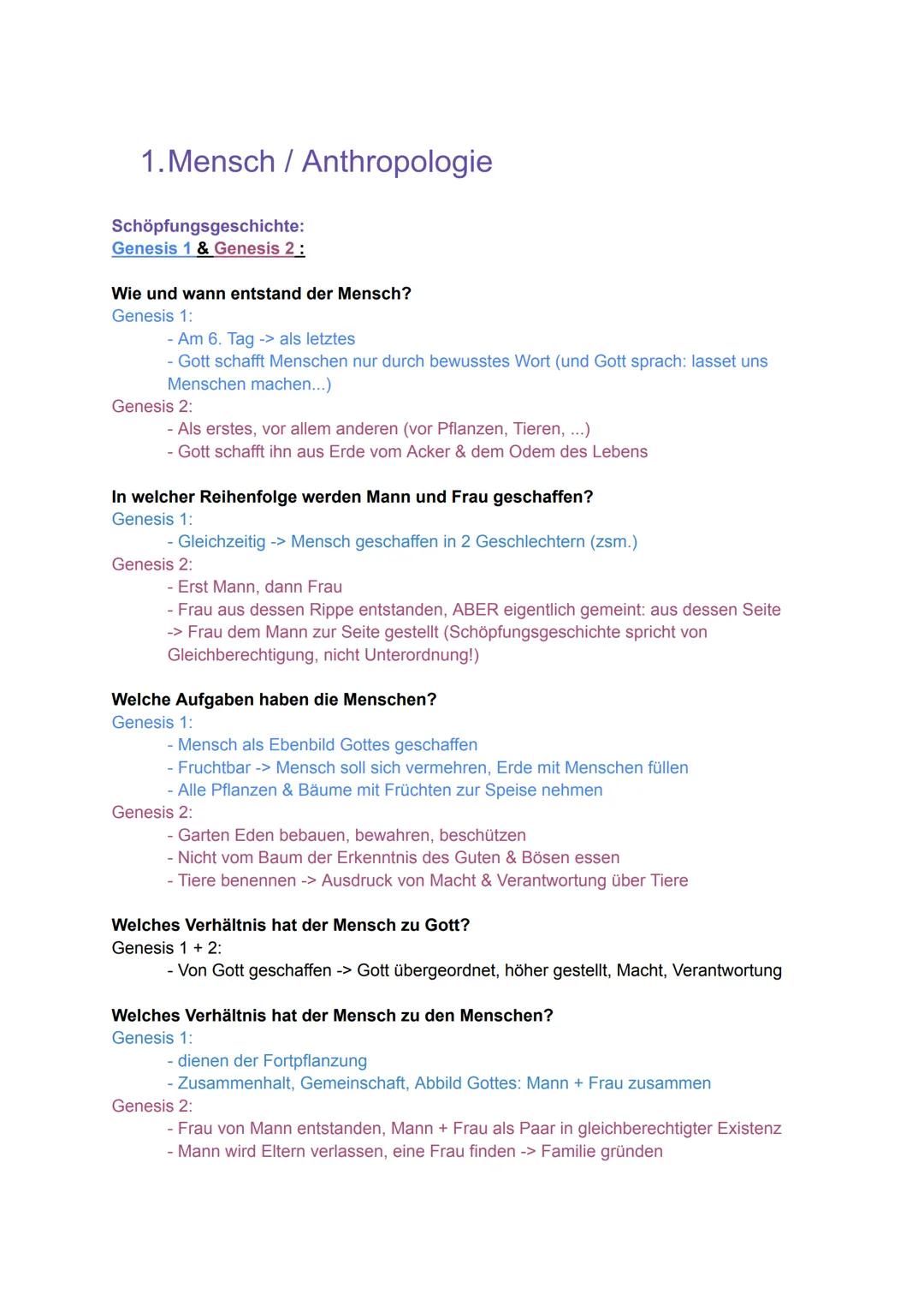 1. Mensch / Anthropologie
Schöpfungsgeschichte:
Genesis 1 & Genesis 2:
Wie und wann entstand der Mensch?
Genesis 1:
Am 6. Tag -> als letztes