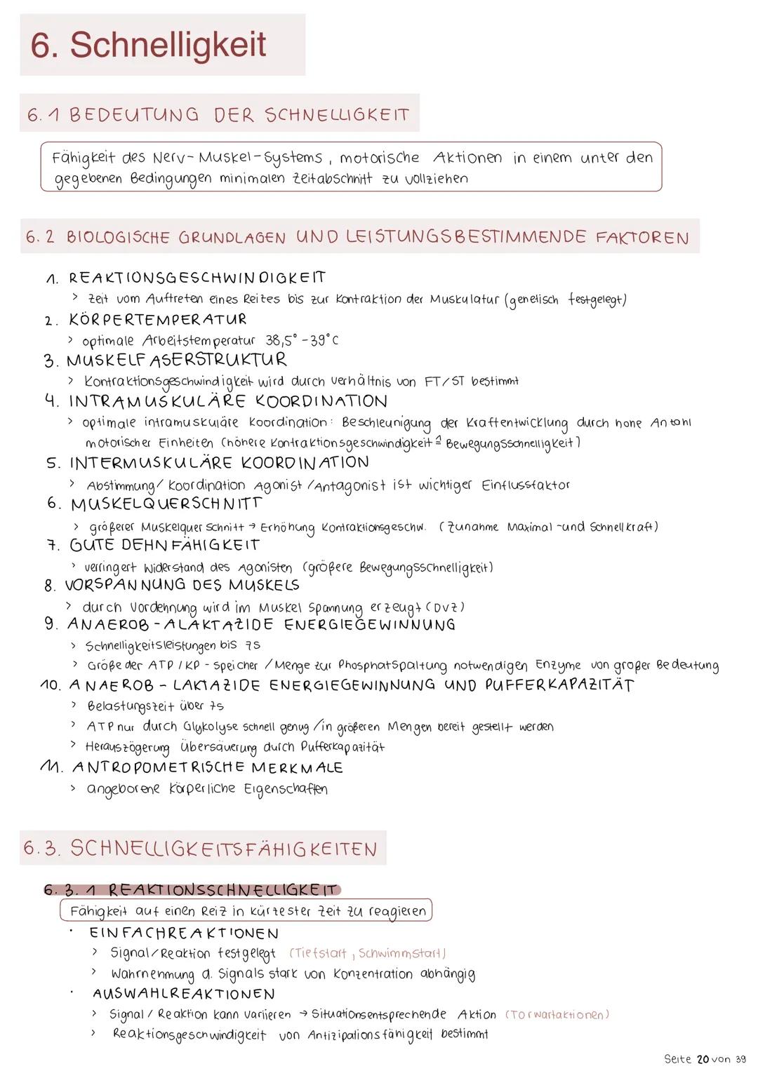 6. Schnelligkeit
6.1 BEDEUTUNG DER SCHNELLIGKEIT
Fähigkeit des Nerv - Muskel-Systems, motorische Aktionen in einem unter den
gegebenen Bedin